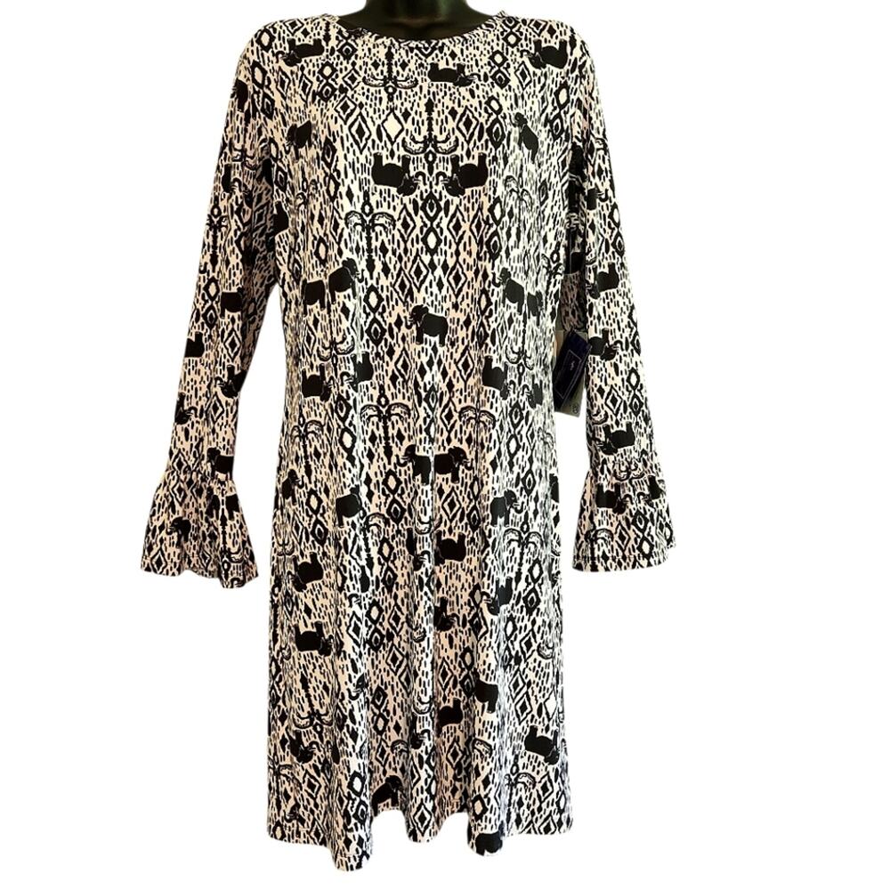 IBKUL Kendra dress bell sleeve crew neck black & white size L NWT